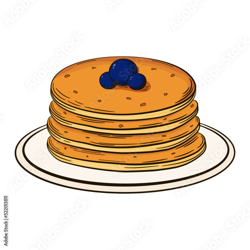 Stack of pancakes with berries on plate in retro style isolated on white background for menu design