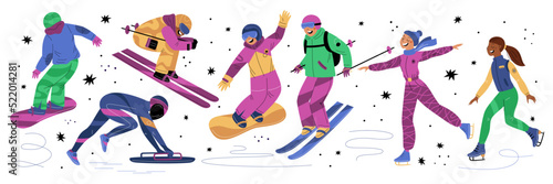 Winter sports. Young sportsmen. Skiers and snowboarders. Ice and snow skating. Cartoon athletes in gear. Bobsledders and skaters. People activities. Athletic competition. Garish vector set