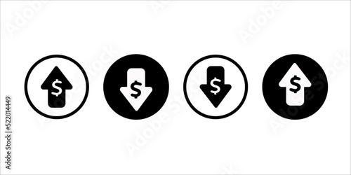 Dollar appreciation icon set. Money symbol with a stretching up and down arrow. The business cost of selling. Increase in wages. Investment growth. Vector on isolated background.