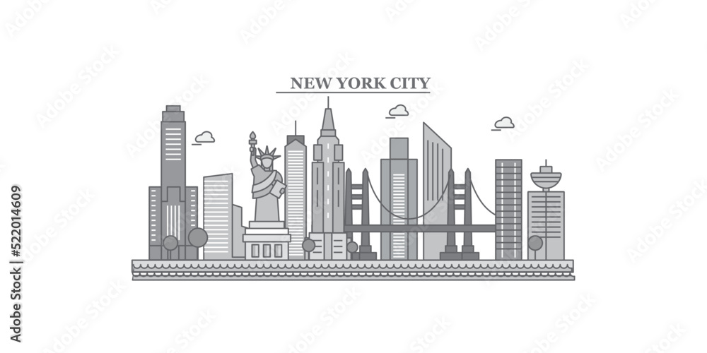 United States, New York City city skyline isolated vector illustration, icons