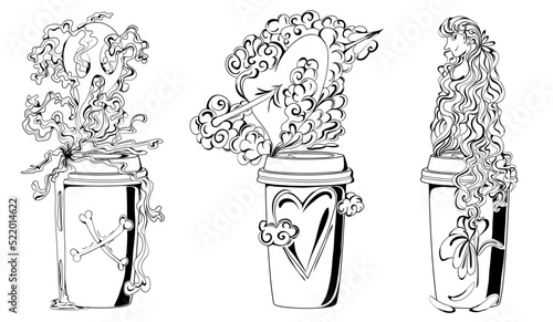 Creative Coffee Cup Concept Art: Set of Three Surrealistic Illustrations Outlines