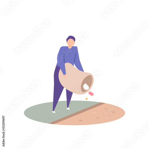 A man throws garbage into the river. littering. polluting the environment. flat cartoon illustration. vector concept design