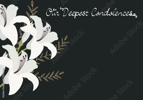 Sympathy card with lily flowers. Condolence card. Vector illustration