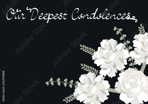 Condolence card. White peony flowers on dark table background. Vector illustration