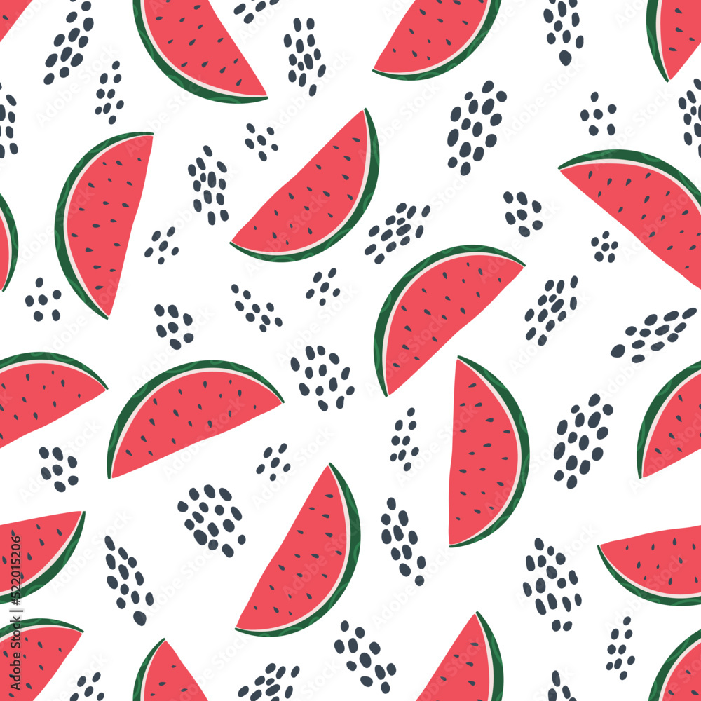 Watermelon seamless pattern on the white background. Summer ripe fruits concept. A delicious slices with seeds. Watermelon seamless pattern on the white background. Summer ripe fruits concept. A delicious slices with seeds.