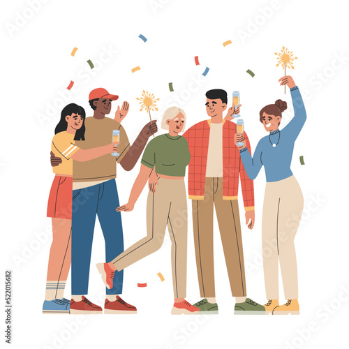 Group of happy guys and girls celebrating holiday with sparklers, confetti and drinks. Young peoples have fun together. Hand drawn vector illustration isolated on white background. Flat cartoon style