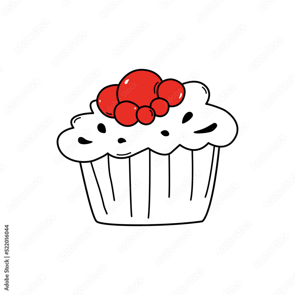 Hand drawn cute cake with red berries doodle style, vector illustration isolated on white background. Tasty dessert for holiday, black outline, decorative design element Hand drawn cute cake with red berries doodle style, vector illustration isolated on white background. Tasty dessert for holiday, black outline, decorative design element