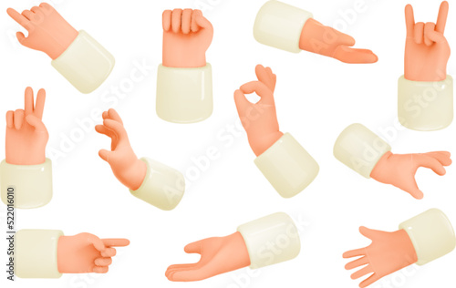 Set hands gesture icons. Palm, finger up, zero,ok,fist, victory, direction 3d emoji for media. Cartoon vector illustration.