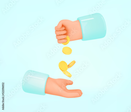 3d hand give gold money or hand take money emoji. Loan, exchange, payout business concept. Banking icon. Financial services layout. Realistic 3d cartoon design