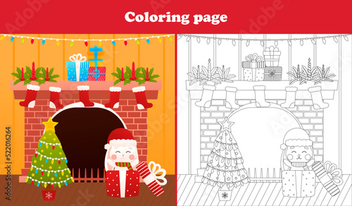 Cute christmas bunny hiding in gift box coloring page for kids, printable educational game, winter holidays