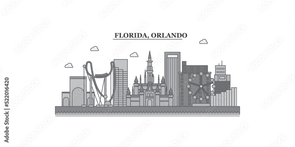 United States, Orlando city skyline isolated vector illustration, icons