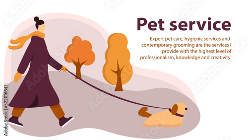 Vector illustration for service of pet sitter, walker, vet clinic, pet care, hospital, dog shelter. Design template for poster, booklet, banner, flyer, web. EPS 10