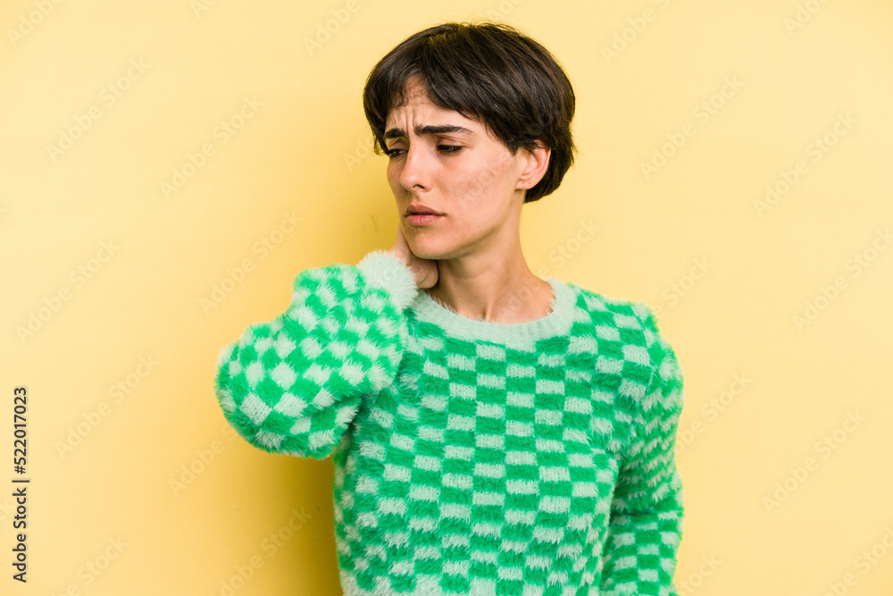 Young caucasian woman with a short hair cut isolated tired and very sleepy keeping hand on head. Young caucasian woman with a short hair cut isolated tired and very sleepy keeping hand on head.