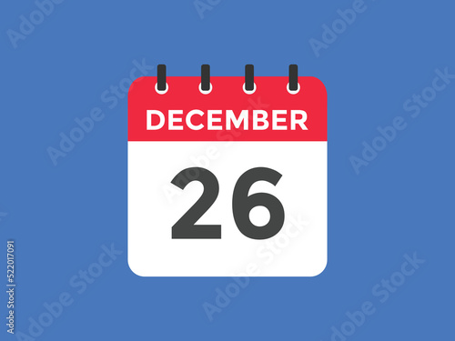 december 26 calendar reminder. 26th december daily calendar icon template. Calendar 26th december icon Design template. Vector illustration
