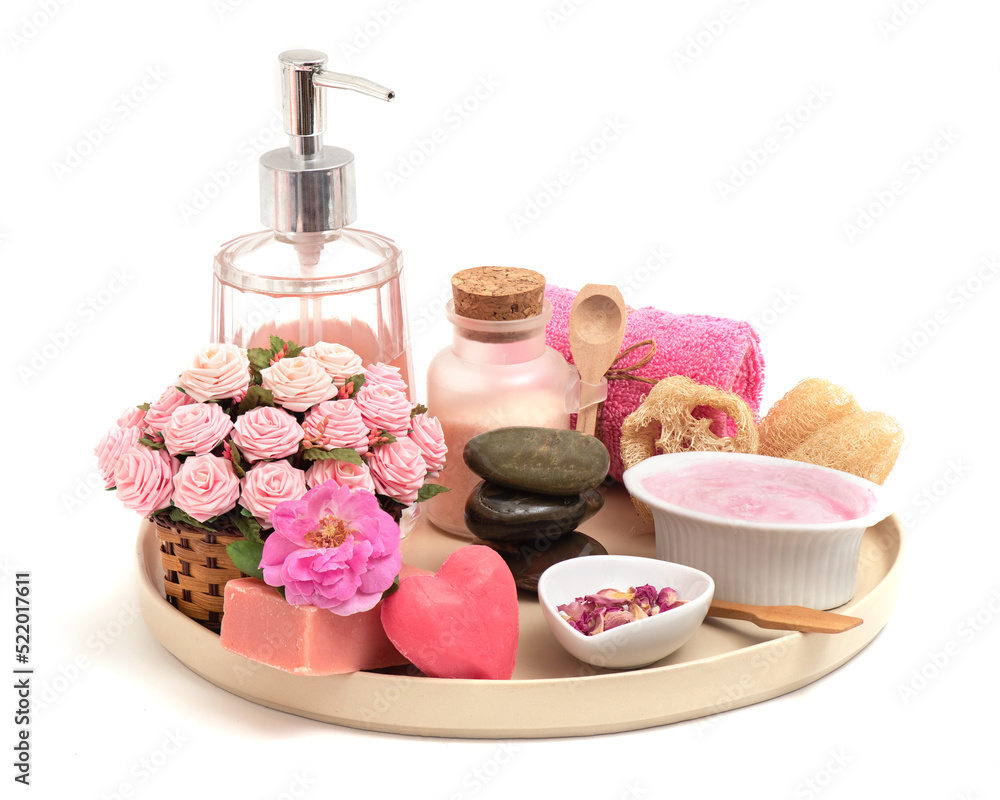 Damask rose flowers and soap,shampoo and others isolated on white background. Damask rose flowers and soap,shampoo and others isolated on white background.