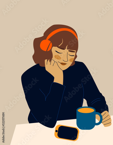 Woman listening music or audiobook in cafe. Stock vector illustration in modern flat style. EPS 10