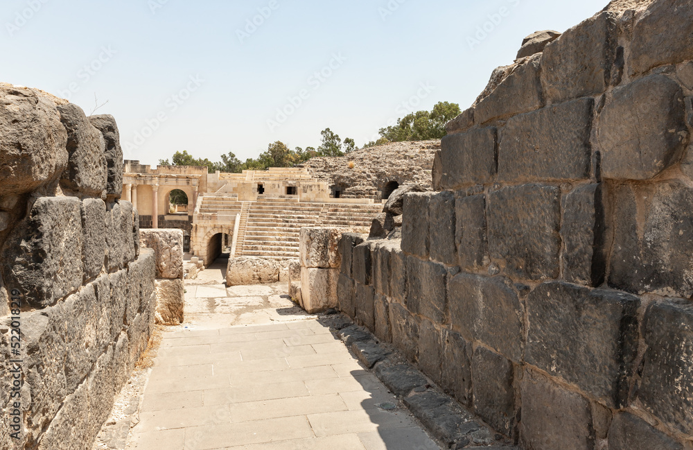 Passage to the amphitheater on the partially restored ruins of one of the cities of the Decapolis - the ancient Hellenistic city of Scythopolis near Beit Shean city in northern Israel