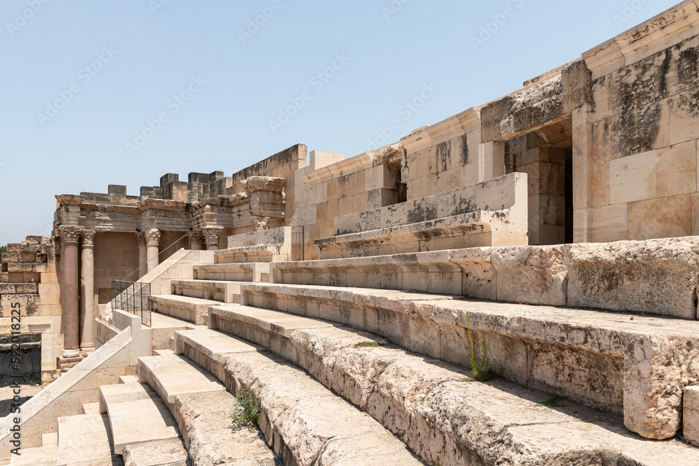 The amphitheater on the partially restored ruins of one of the cities of the Decapolis - the ancient Hellenistic city of Scythopolis near Beit Shean city in northern Israel