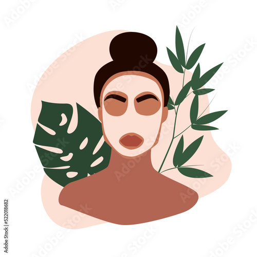 Female face with green leaves on background. Beauty cosmetic mask. Beautiful young woman applying cosmetic product. Skin care banner. Self-care concept. Flat vector illustration