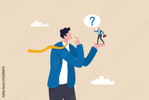 Ask yourself a question, process for self improvement, personal development, problem solving or review and evaluation concept, curious businessman asking himself for answer with big question mark.