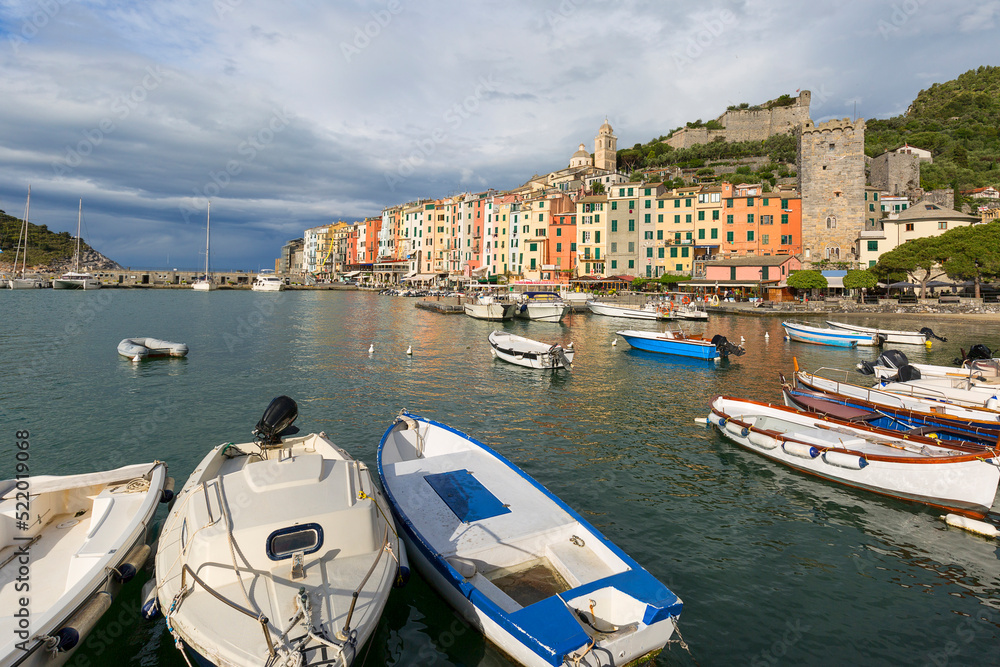 View on seaside and boats in the port, Porto Venere, Cinque Terre, Italy