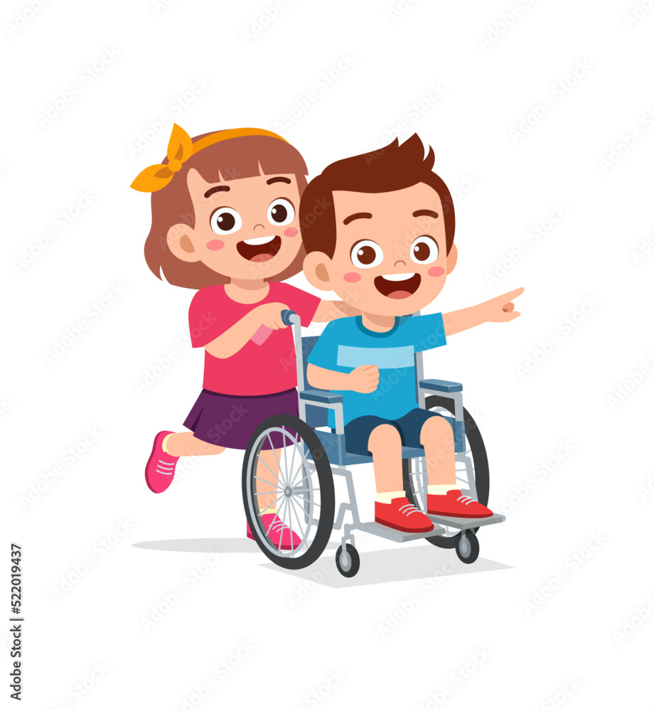 little kid sit on wheelchair with friend and feel happy little kid sit on wheelchair with friend and feel happy