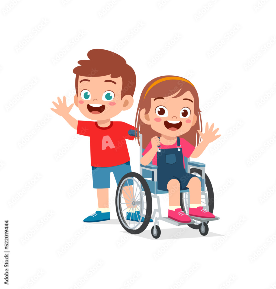 little kid sit on wheelchair with friend and feel happy