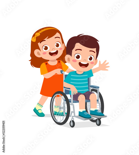 little kid sit on wheelchair with friend and feel happy