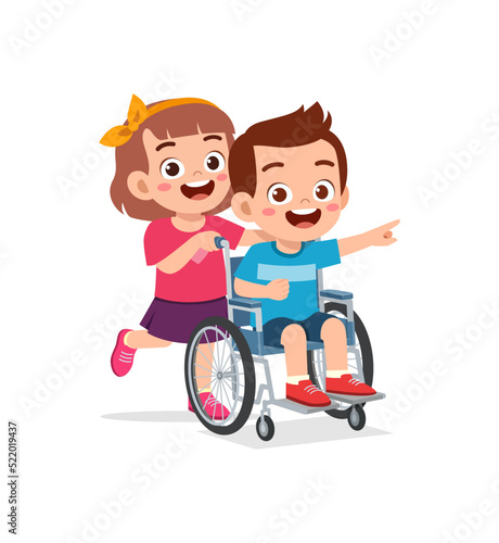 little kid sit on wheelchair with friend and feel happy
