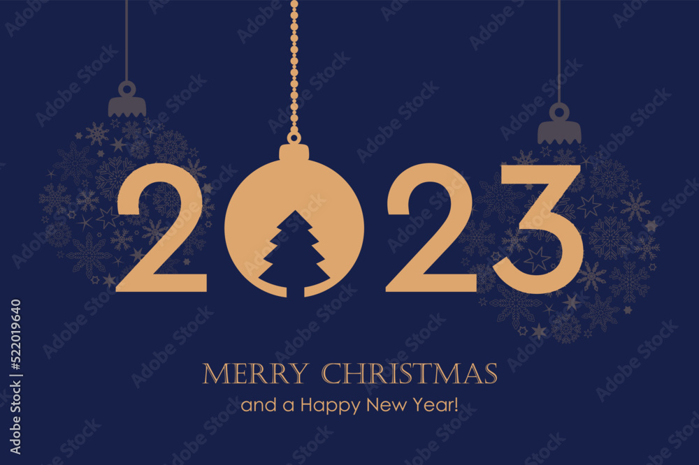 happy new year 2023 typography with hanging christmas ball