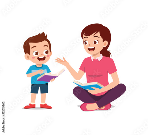little kid learn how to read with teacher