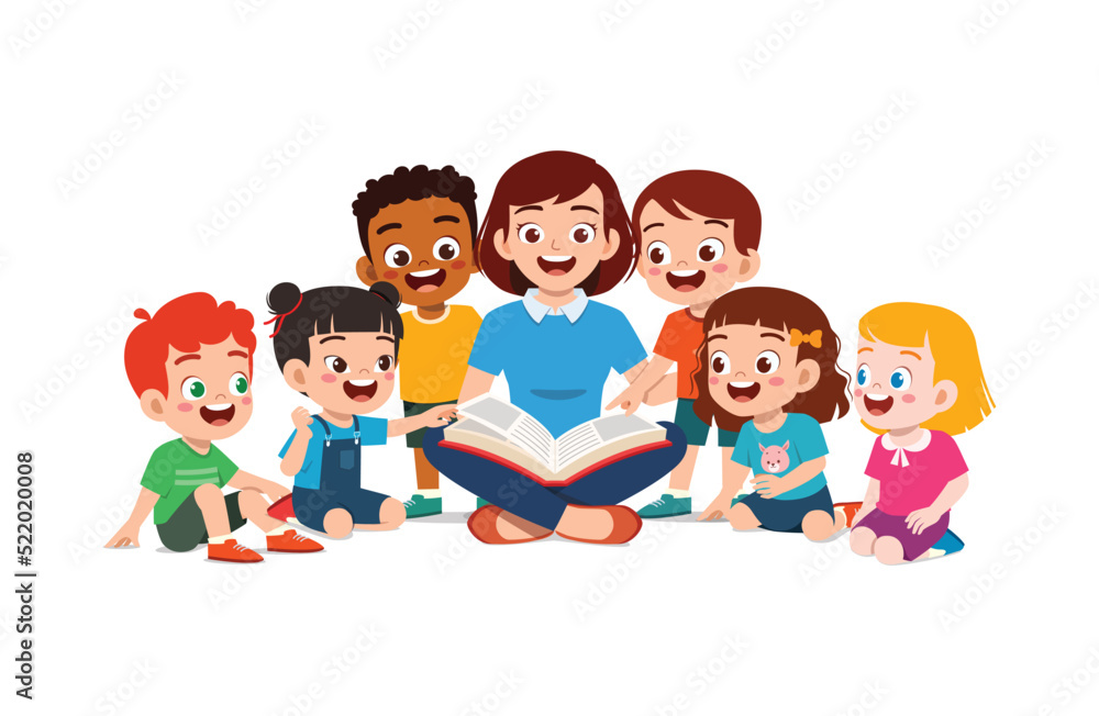 teacher read story book while student sit and listening teacher read story book while student sit and listening