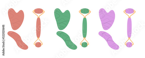 Fullcolor quartz Gua Sha stones isolated on white background. Acupuncture anti-aging traditional chinese medicine self care method. Face massager. Stock vector illustration