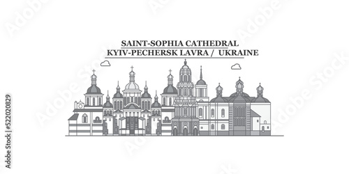 Ukraine, Kyiv, Pechersk Lavra city skyline isolated vector illustration, icons