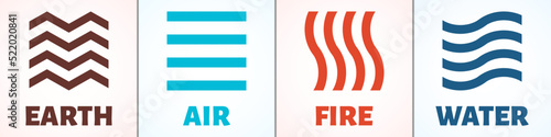 Four elements: Earth, Air, Fire, Water. Vector symbols for the designation of alchemical substances. Abstract logos of nature elements.