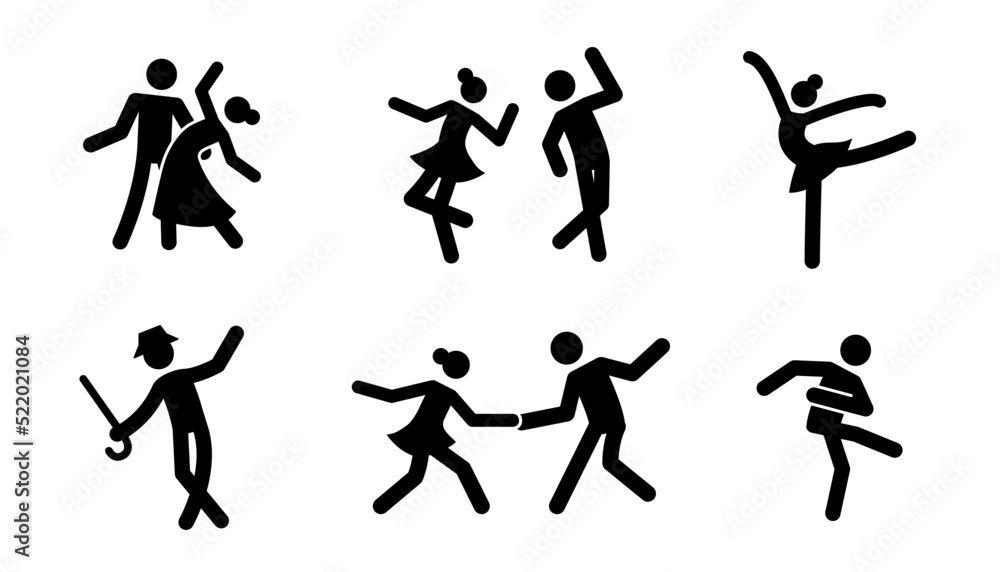 ..Pictogram dancer stick figure icon set. Black pictogram party dancing people, tango couple, ballet woman. Vector illustration.