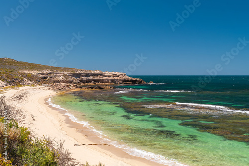 Chinamans Hat beach viewed from the lookout on a day at Innes National Park  Yorke Peninsula   South Australia