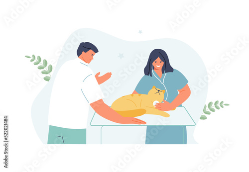 Woman veterinary doctor examines a cat. Consultation and reception in the veterinary clinic. Care and treatment of pets vector illustration