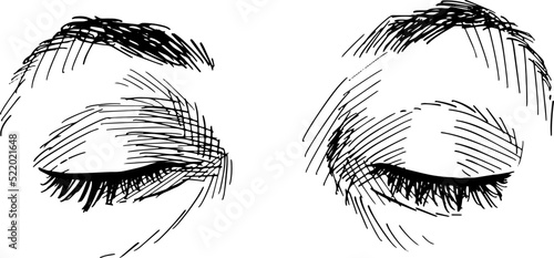 Close up of closed adult woman eyes. Concept of eye language, non-verbal communication. Black and white vector illustration on white background.