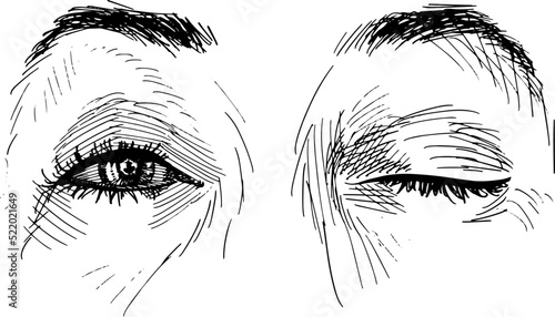 Close up of female eyes, one open the other closed. Concept of eye language, non-verbal communication. Black and white vector illustration on white background.