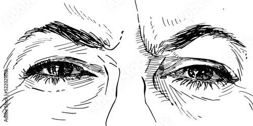 Close-up of adult woman's frowning eyes. Concept of eye language, non-verbal communication. Black and white vector illustration on white background.