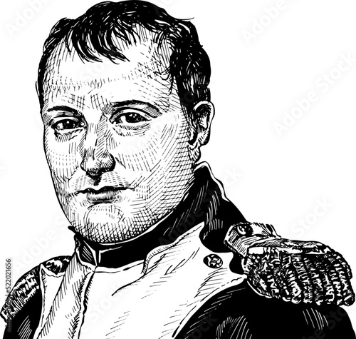 Portrait of Napoleon Bonaparte; French history. Series of historical characters. Black and white vector illustration isolated on white background.