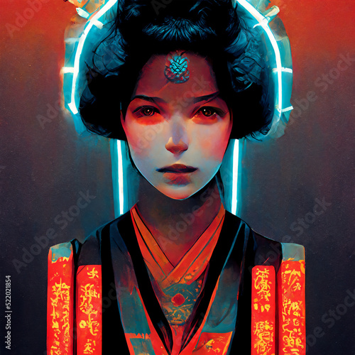 Techno futuristic Japanese geisha  with red dress and blue lightning neon air, a perfect mix of traditional geisha and future. The dress is embroded with yellow asian language signs.  photo