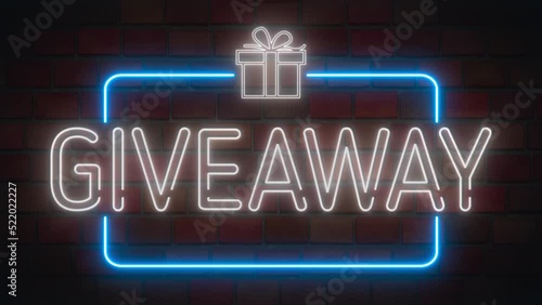 Giveaway neon sign in a frame with a giftbox on a brick background. Animation glowing neon line text Giveaway. 4K Video motion graphic animation.