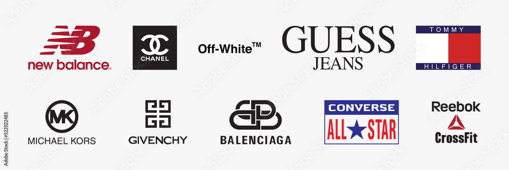 Top fashion brand logo set: Tommy Hilfiger, New Balance, Guess