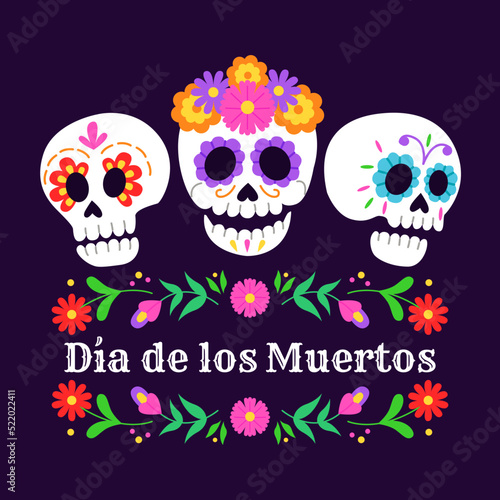 "Dia de los Muertos" (Day of the Dead) card with Spanish text. Mexican sugar skulls with floral decoration. Vector illustration.