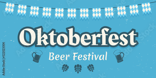 Oktoberfest text design. Beer festival banner with bunting flags. German October fest typography template. Vector illustration.