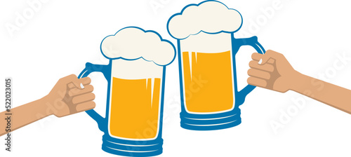 Beer toast icon. Cheers symbol with hands holding and clinking of beer mugs. Alcohol drink, bar or pub design element. Vector illustration.