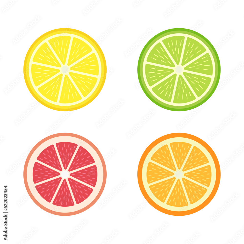 Сitrus set: lemon, lime, grapefruit, orange . Color vector illustration. Isolated on white background.	