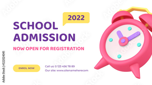 Distance education school admission registration alarm clock web banner design 3d icon vector